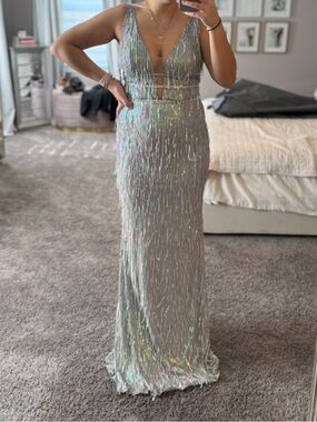 Vienna Prom Silver Iridescent Sequin V-Neck Gown